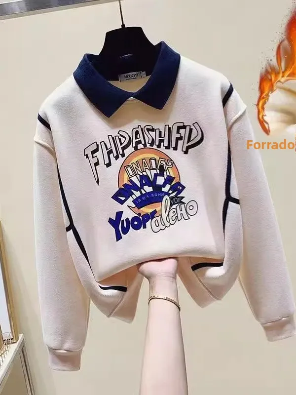 スタイリッシュなルーズレディーススウェットシャツ甘い襟裏地なし秋冬ファッションプリントトップコートトレンディな耳カバー韓国版