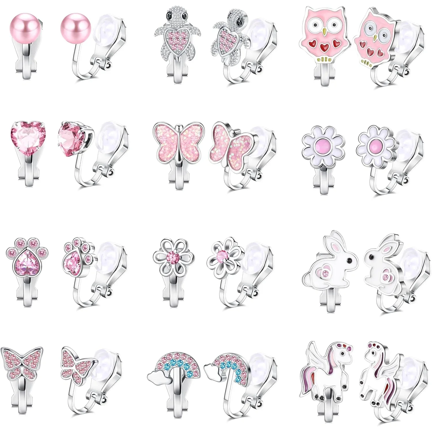 Bobisty 12 Paar Clip-On-Ohrringe für Damen, hypoallergen, niedlicher Schmetterling, Regenbogen, Blume, Perle, nicht durchbohrt, Schmuck, Geburtstagsgeschenk