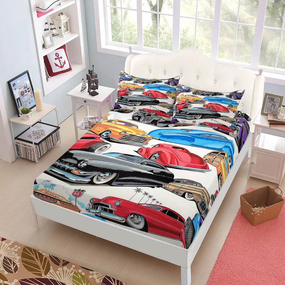Retro Cars Fitted Sheet Set King Queen Double Full Size Bed Linen Set