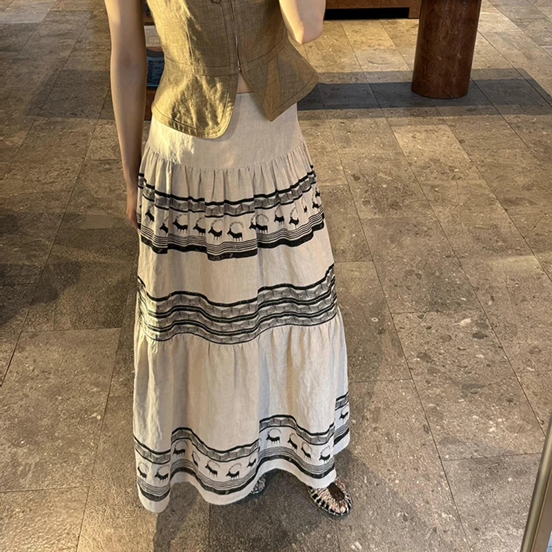 

Bohemian Style 2025 New Arrival Summer Women Loose Casual Print A-line Skirt All-match Elastic Waist Ankle-length Skirts T171