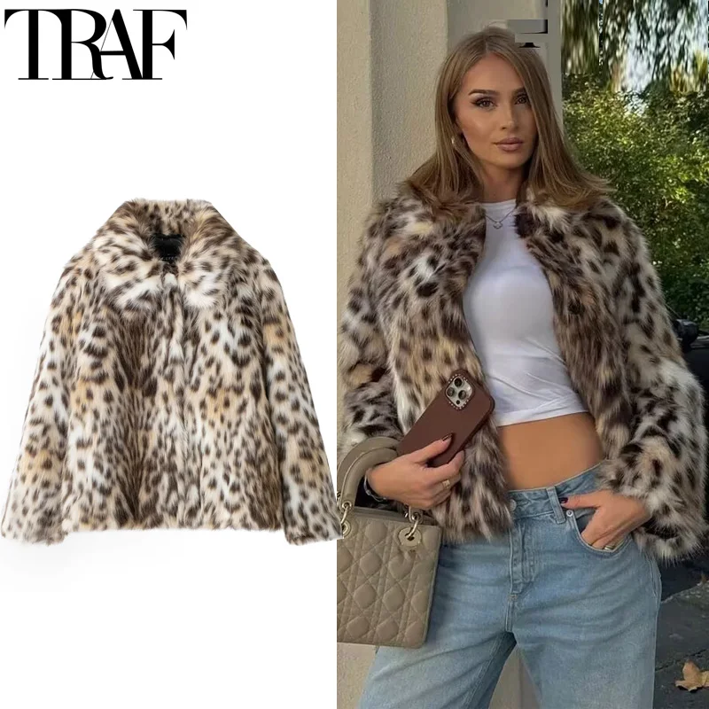 TRAF Women Faux Fur Coat Furry Leopard New In Coats & Jackets Autumn Long Sleeve Fluffy Jacket Plush Warm Winter Woman Coat