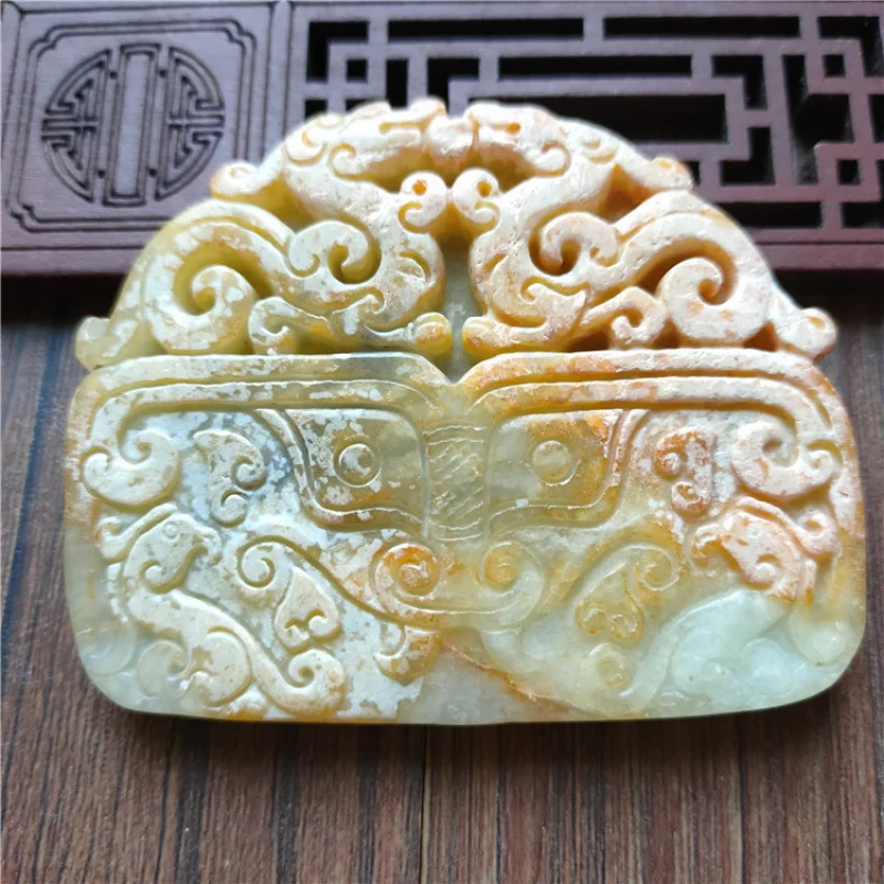 

Stone Jewelry Antique Crafts Xiu Jade Natural Aged Double Dragon Mythical Beast Pendant Hanging Retro Jade Pendant