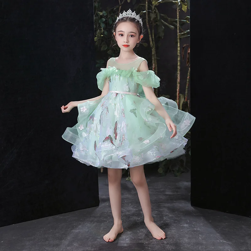 Elegant Green Tulle Princess Dress for Kids Flower Applique Birthday Party Dress for 2-14Yr Girls Xmas Pageant Performance Gown