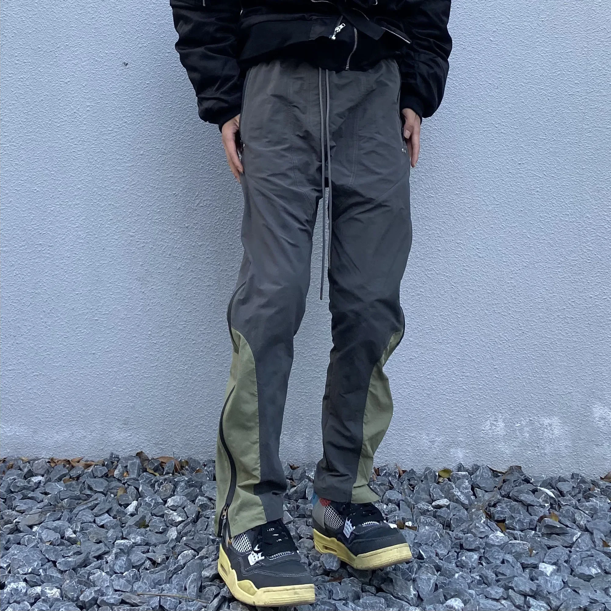 Hip Hop Zipper Up Cargo Pants for Men Harajuku Fashion Track Pants Drawstring Sim Fitting Straight Leg Trousers Street Wear