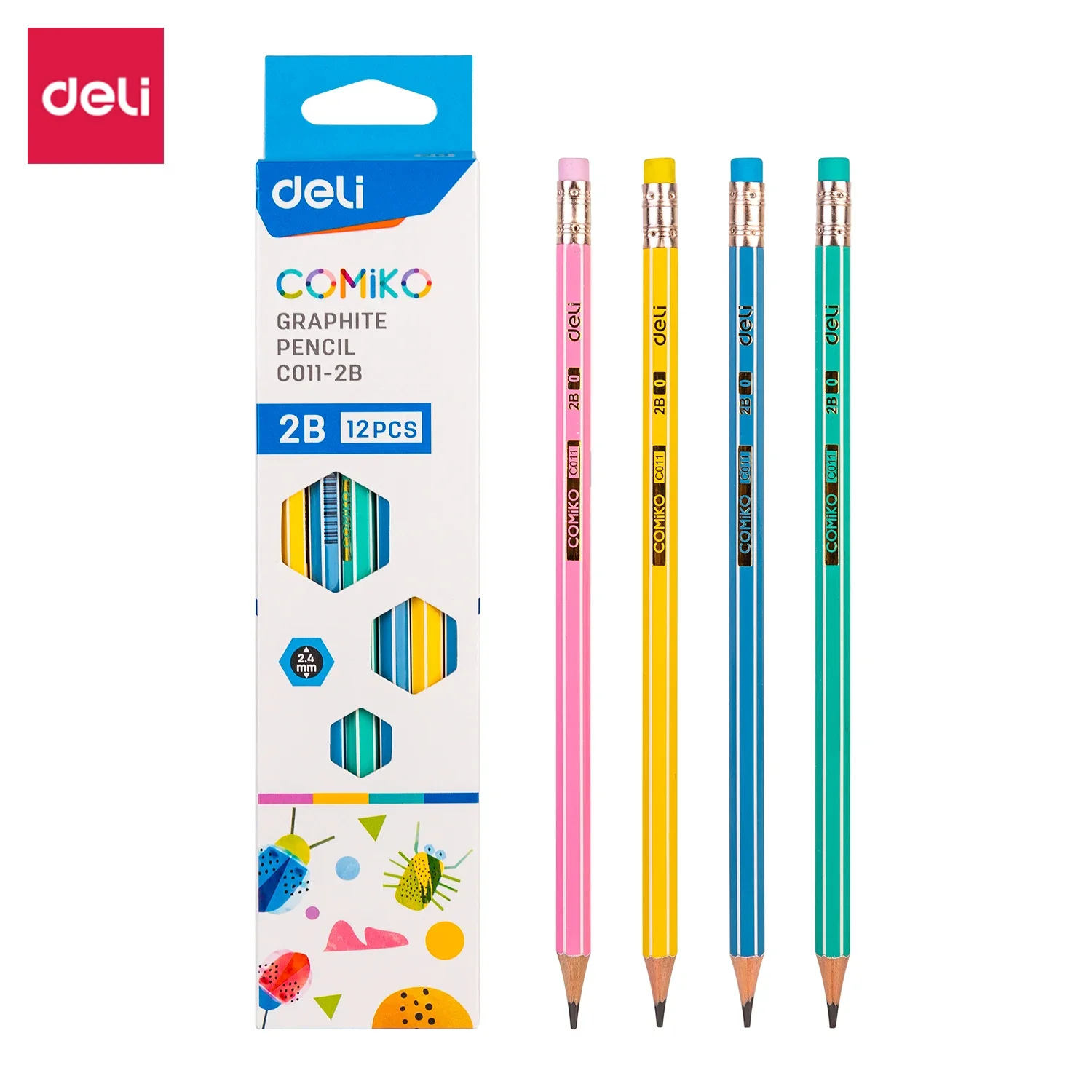 Deli Graphite Pencils for School 12PCS/BOX HB/2B Ordinary Pencil Drawing Colorful Pencil Set Pencils with erasers for Kids EC011