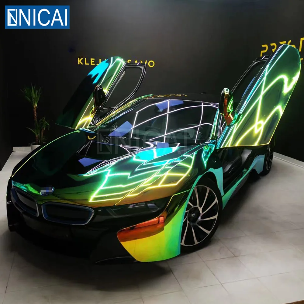 Rainbow Iridescent Holographic Vinyl Car Wrap 3 Layer Rainbow Chrome Metallic Vinyl Wrap Car Stickers Roll Film Car Wrap Vinyl