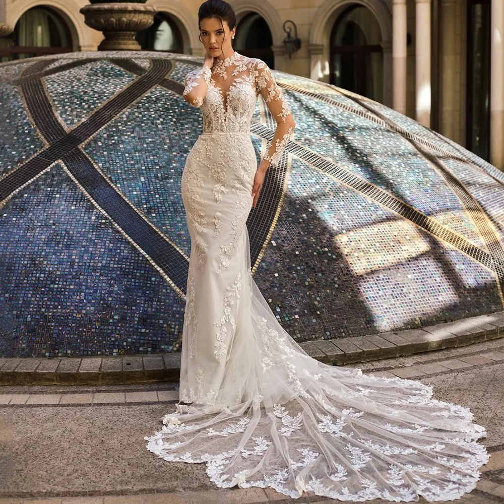 

Luxury High Neck Mermaid Wedding Dress Illusion Applique Long Sleeve Floor Length with Sweep Train Bride Customized Gowns
