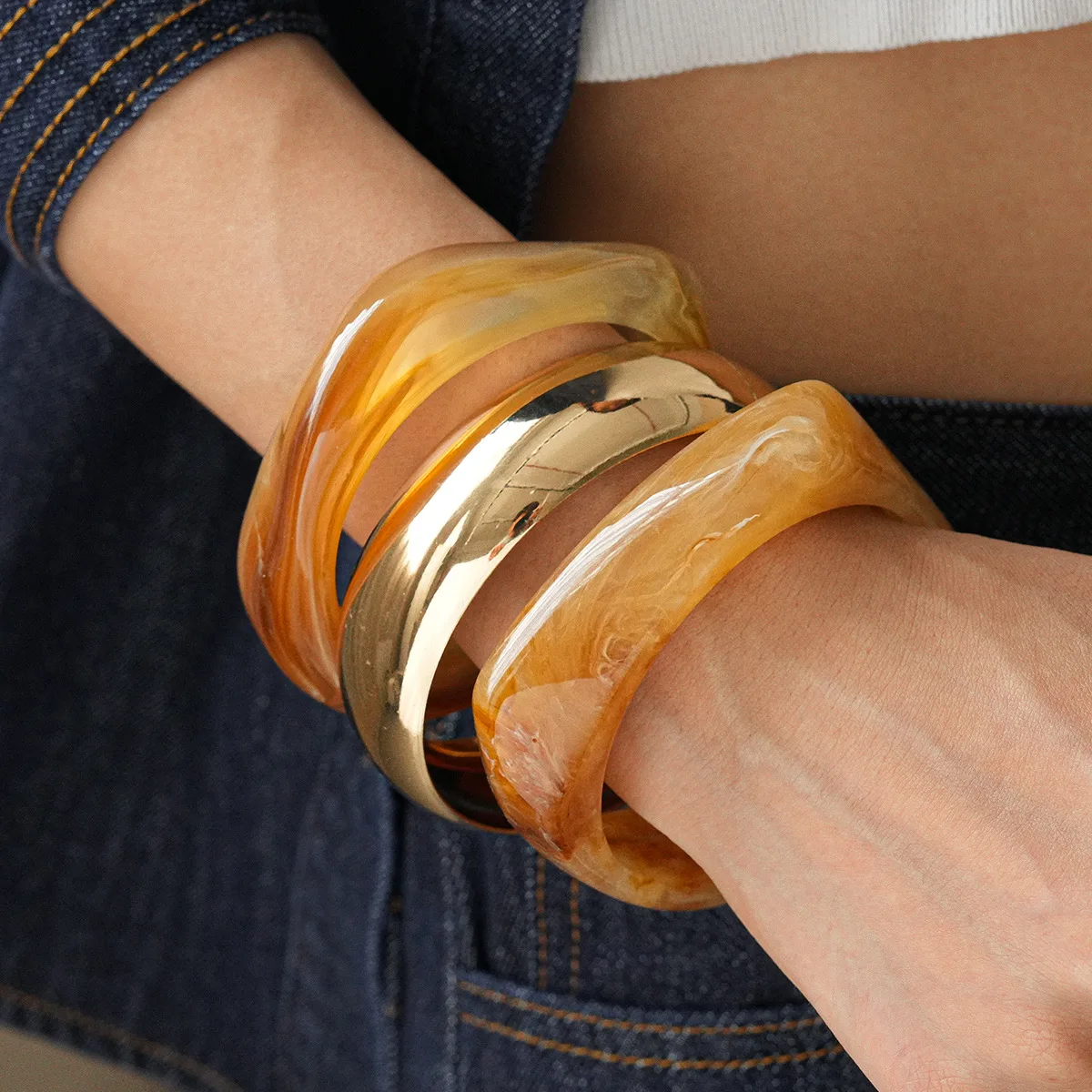 Vintage Punk Coffee Thick Resin Acrylic Smudging Bangles Irregular Square Round Smooth Bracelets for Women Men Stackable Jewelry