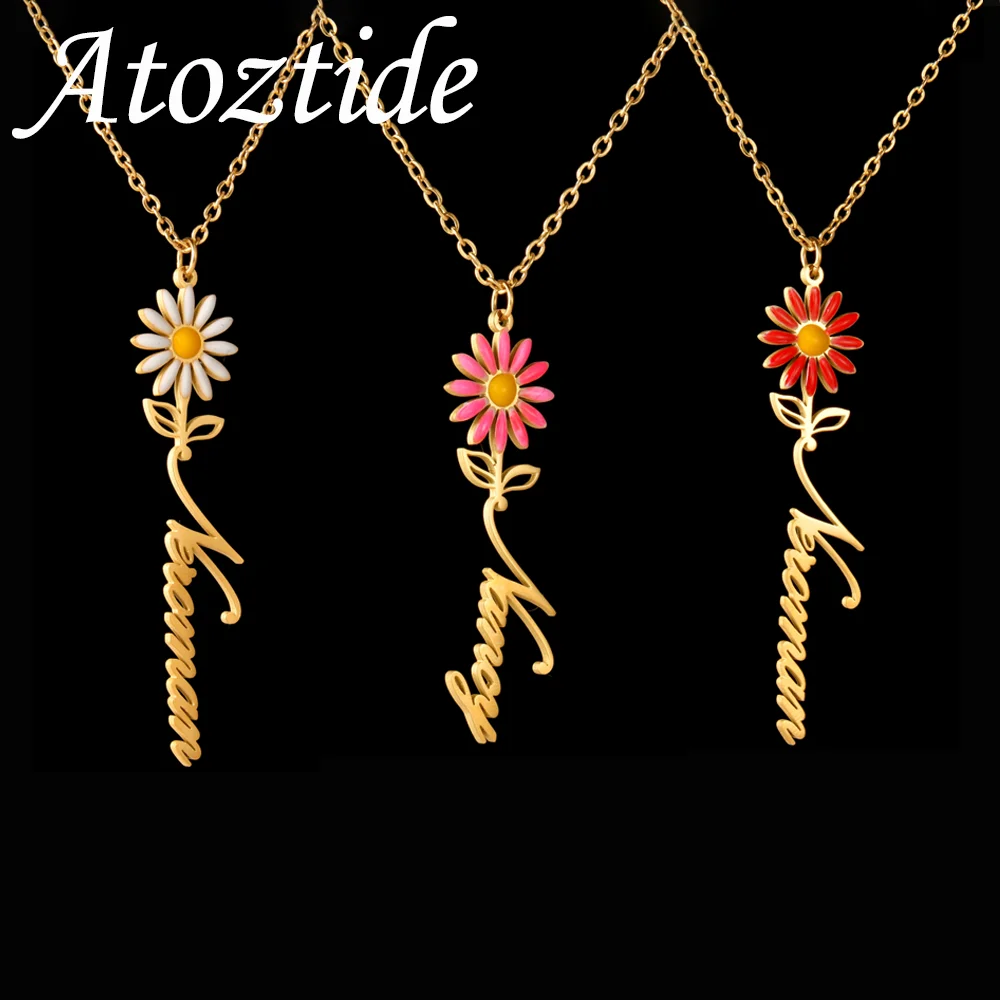 

Atoztide ожерелье с индивидуальным именем для женщин, цветной масляный цветок, ювелирные изделия из нержавеющей стали, колье-цепочка, персонализированные подарки на день рождения