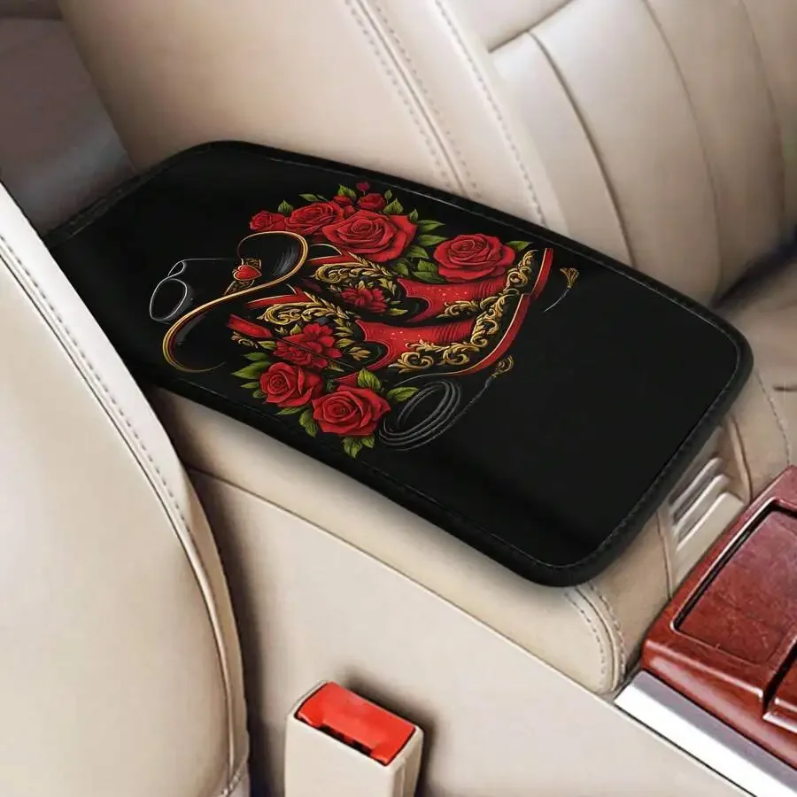 

Western Cowboy Boots And Red Rose Print Car Armrest Cover Dashboard Mat Universal For Sedan SUV