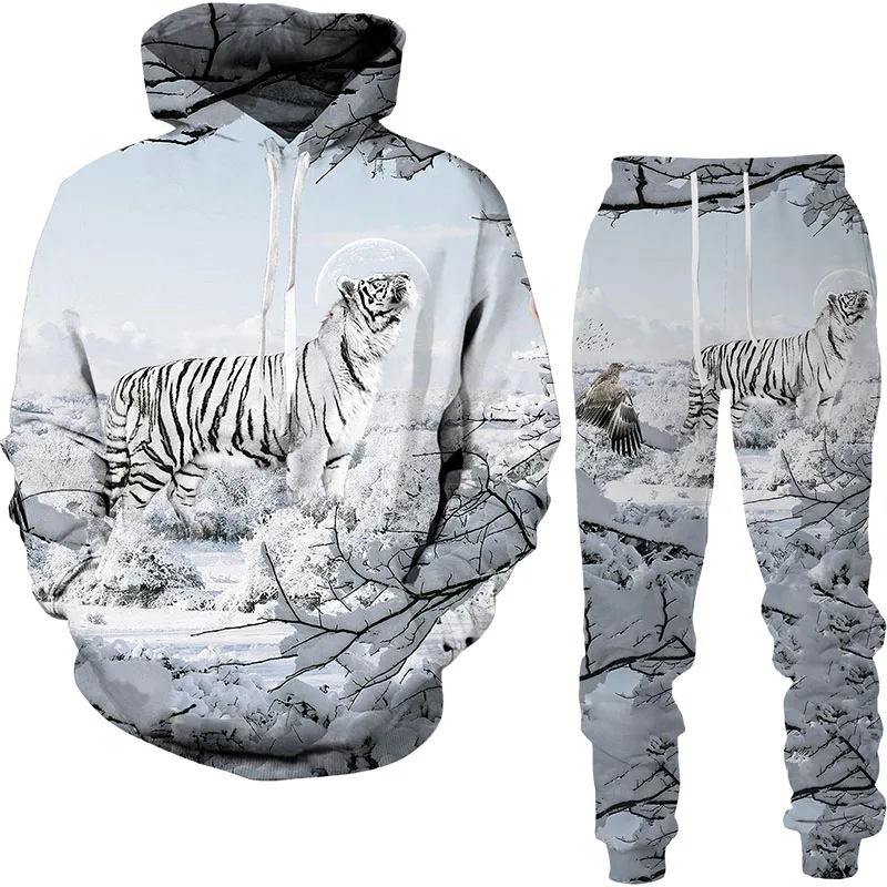 Conjunto de Sudadera con capucha y pantalones para hombre y mujer, chándal informal con estampado 3D de tigre del bosque, ropa de 2 piezas