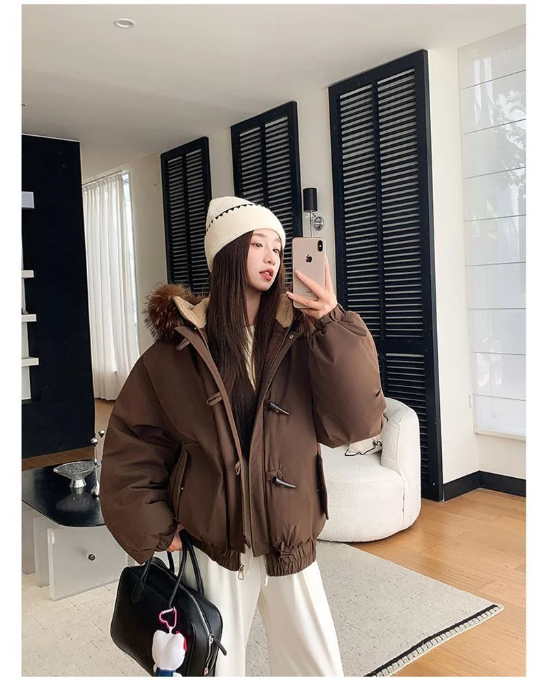 Warm Down jacket Ladies Pai Overcome Winter 2026 New Cotton Padded Coat Women Parkas Horn Hooded Outcoat Big fur collar Overcoat