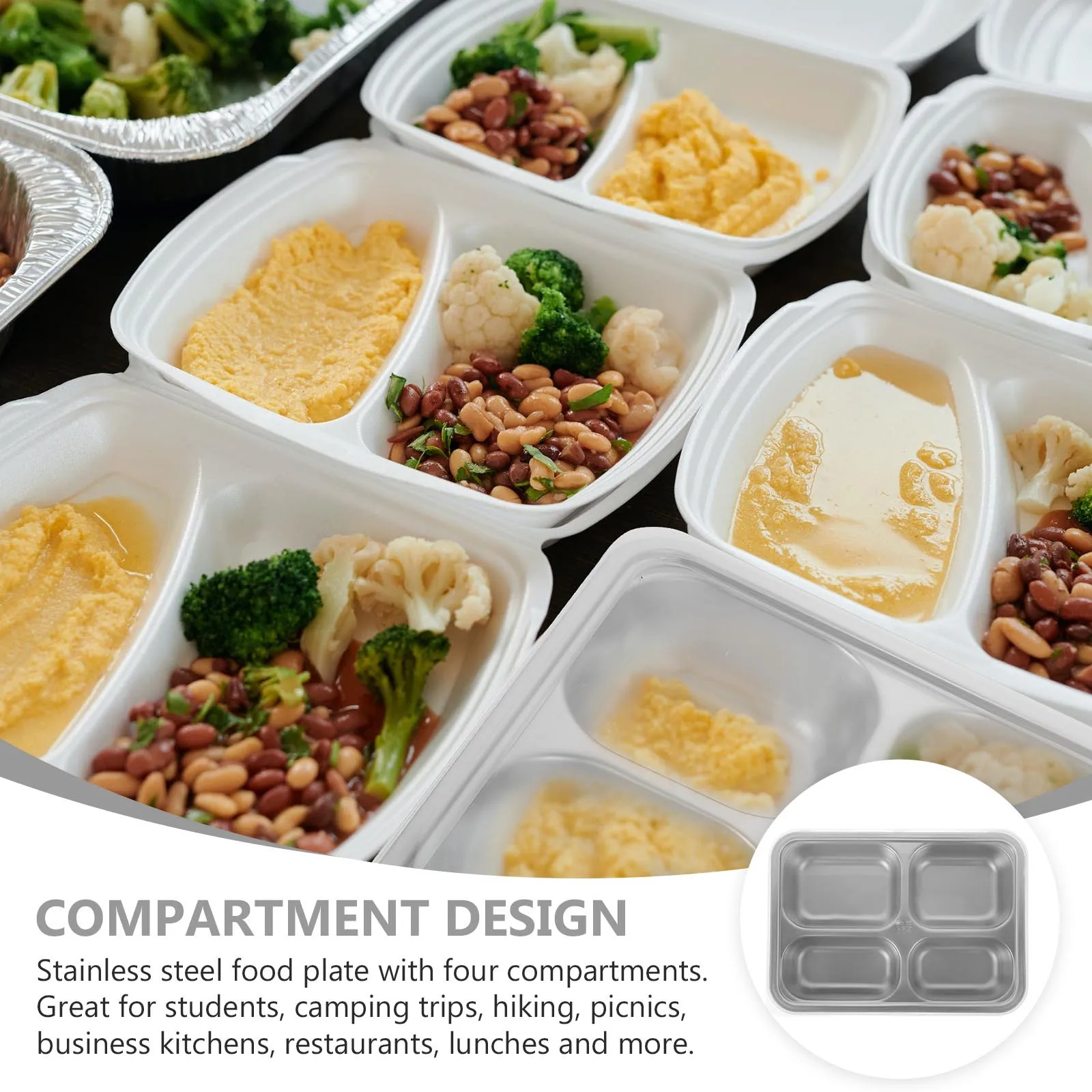 

1Pcs Children's Divided Lunch Plate Stainless Steel 4 Compartment Rectangular Food Tray Portion Control Camping Hiking Dining
