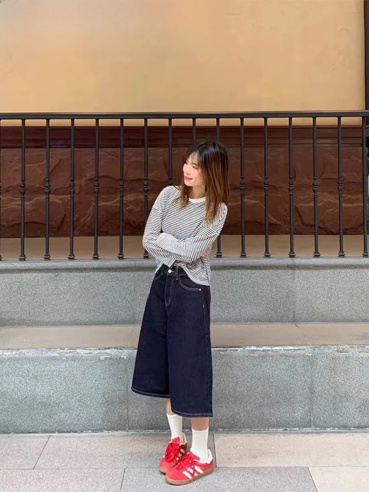 Damskie jeansy z wysokim stanem w stylu amerykańskim, model Sle k Wa, nowość na jesień 2025, plus size, wyszczuplające, proste nogawki, szerokie nogawki.