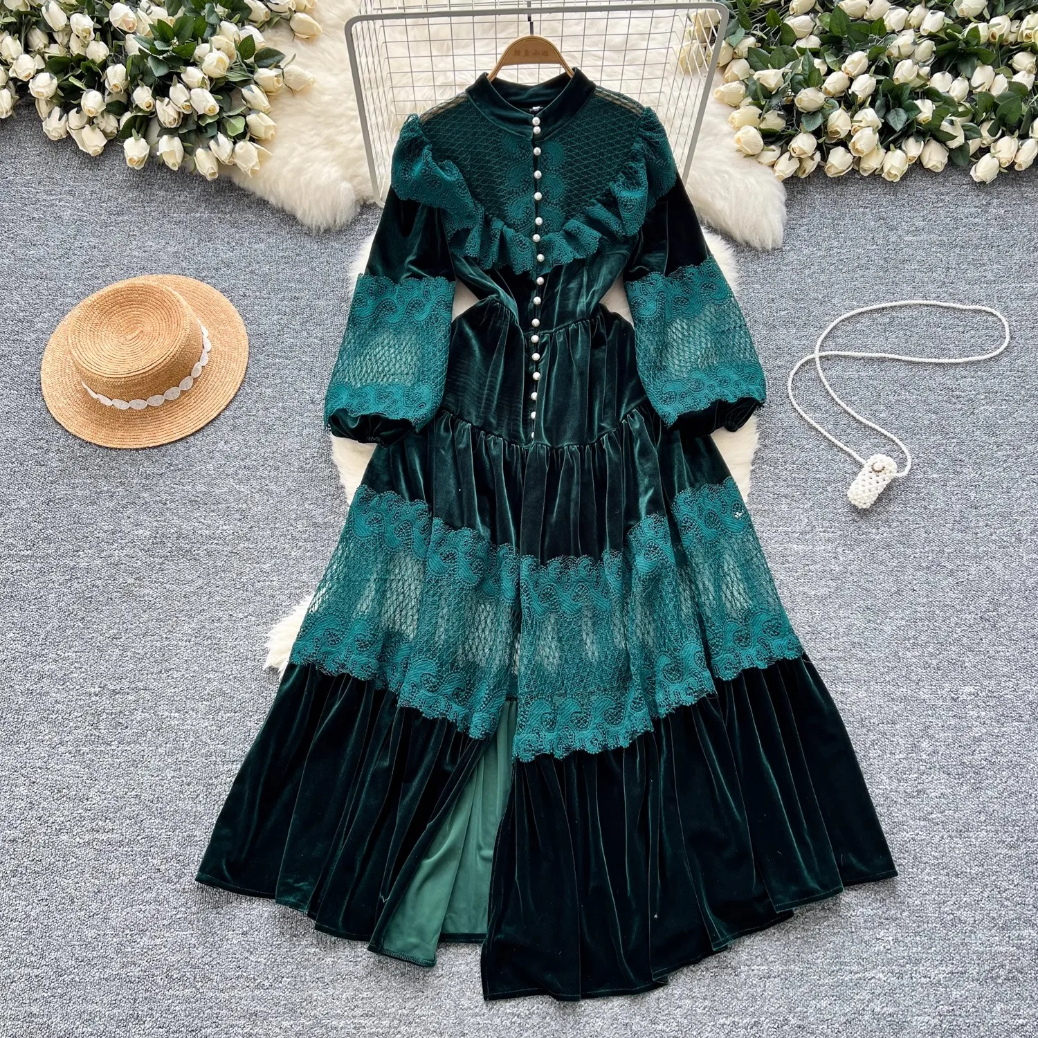 French Vintage Lace Embroidery Patchwork Velvet Lantern Sleeve Maxi Dress Pearls Buttons Belt Lace Up Wedding Party Prom Vestido