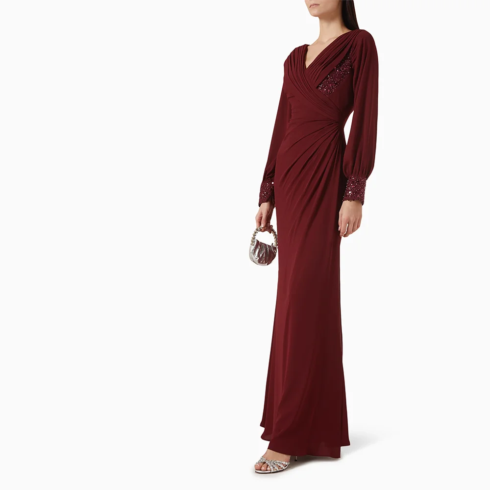 Implie イブニングドレス V ネック 長袖 プリーツ シフォン A ライン イブニングドレス フロアレングス プロムドレス ドレス カスタマイズ