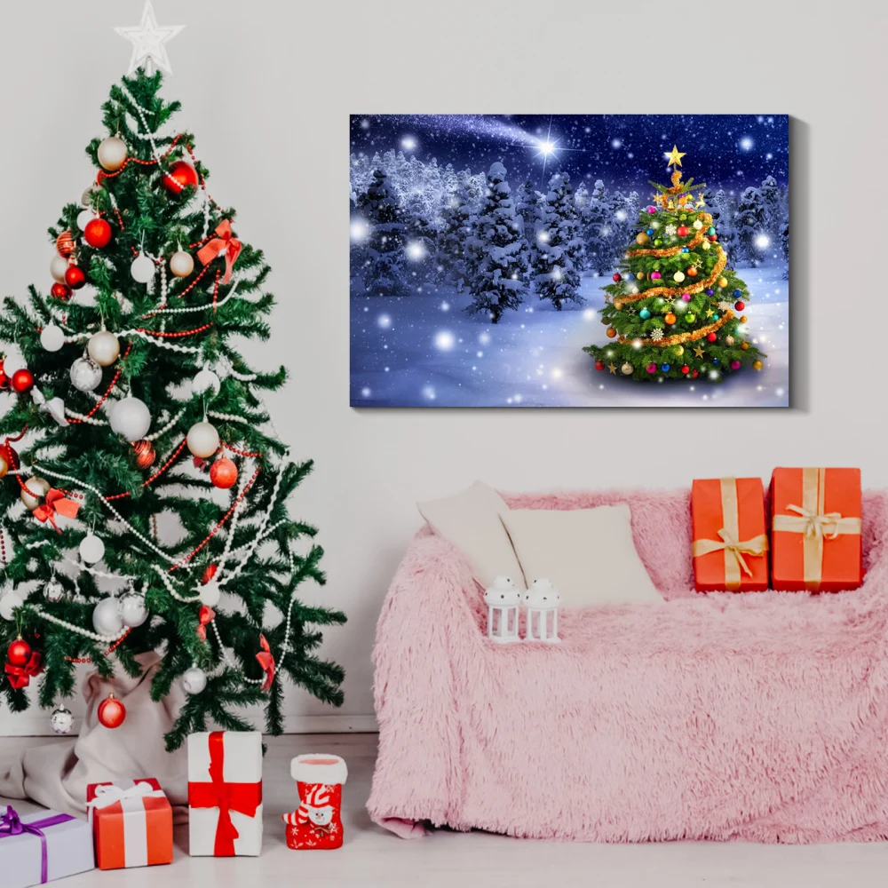 

Framed Canvas Wall Art Painting: Christmas Tree in Forest for Christmas, Gift & Decor for Christmas Eve, Office, Living Room