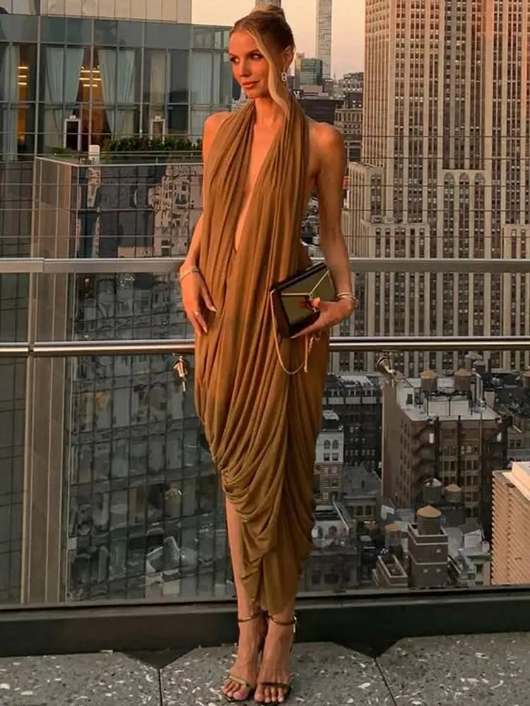 

Halter Ruched Irregular Backless Summer Sleeveless Trendy Bodycon Loose Maxi Dress Women Y2k Sexy Elegant Party Vestidos
