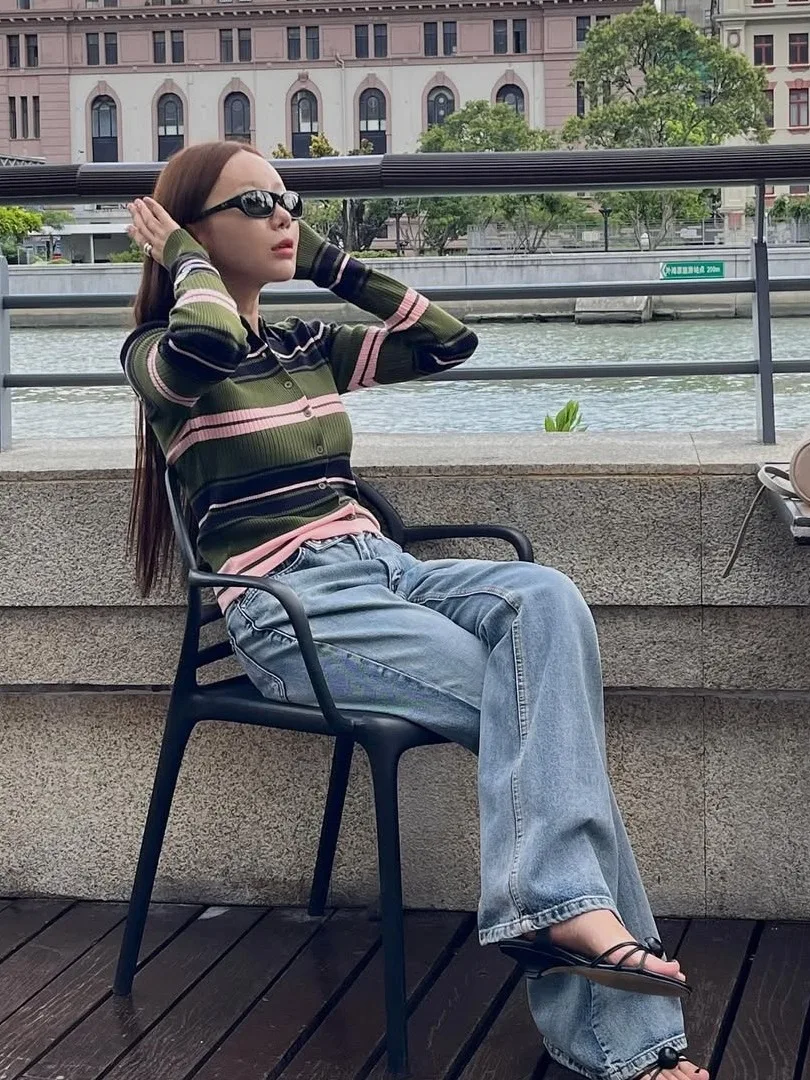 

Осенний облегающий вязаный кардиган женский винтажный с высоким воротником в полоску с открытой передней частью из полиэфирного волокна 00%