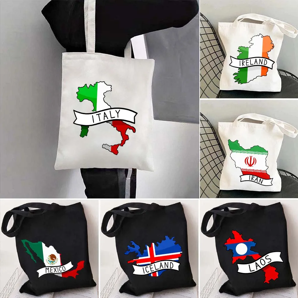 Iceland Iran Ireland Italy Georgia Greece Canvas Shopper Tote Bag Panama Latvia Mexico Colombia Rwanda Flag Map Shoulder Handbag