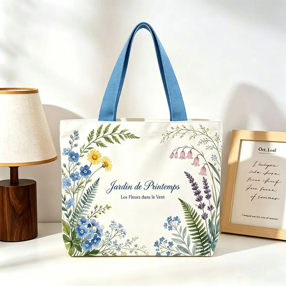 Durable Canvas Tote Bag Open Top Floral & Lemon Print Single Shoulder Bag Large Capacity Handbag Gift Large Capacity Storage Bag image 5