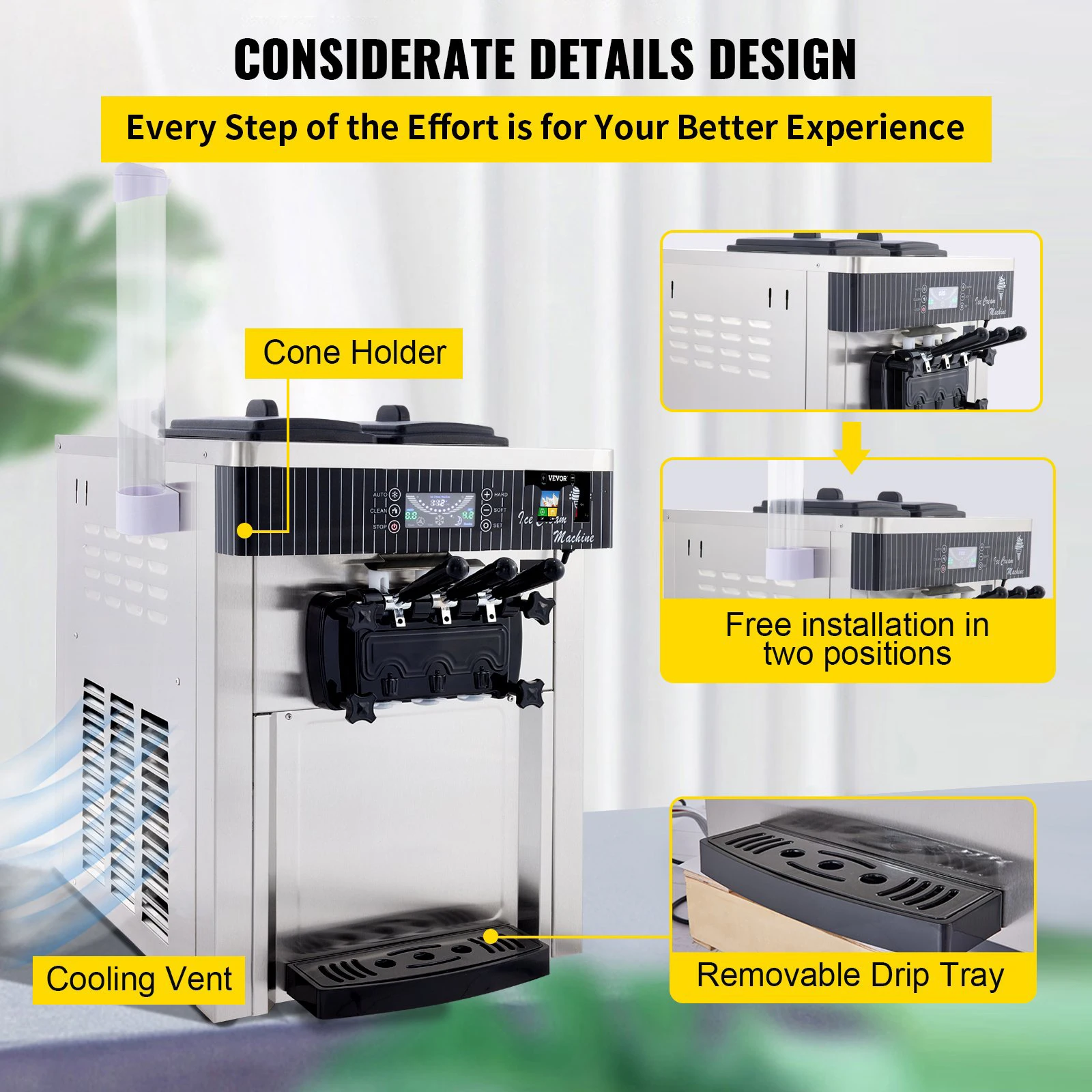 Komercyjna maszyna do lodów VEVOR 5,3 do 7,4 galonów na godzinę Miękkie serwowanie z wyświetlaczem LED Automatyczne czyszczenie 3 smaki dla restauracji, 200 W