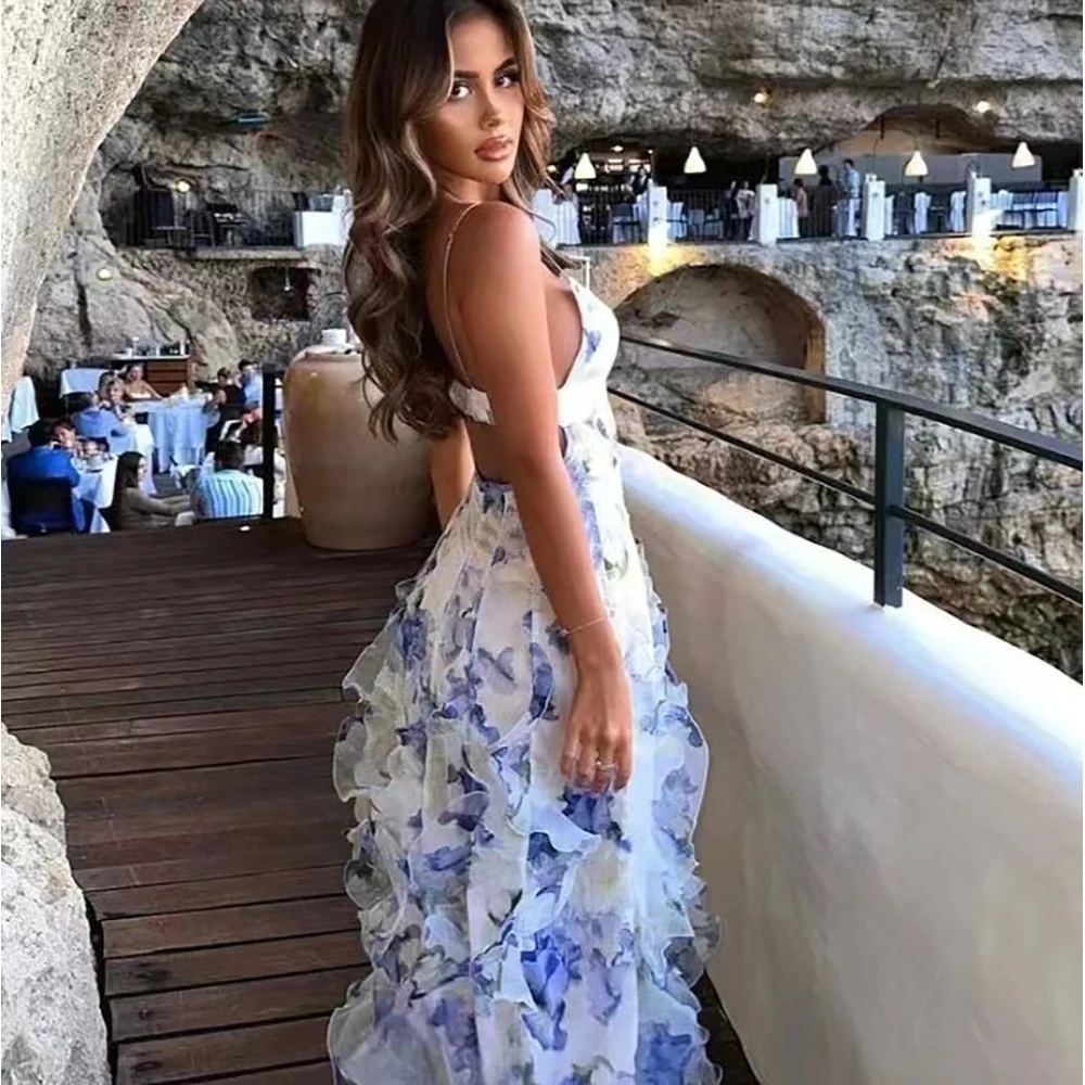 여성용 플로럴 로우 컷 원피스 홀터, 부드러운 바람 원피스 슬리밍 백리스 홀터, 슬릿 아웃 바닥 길이 원피스, 프렌치 여름