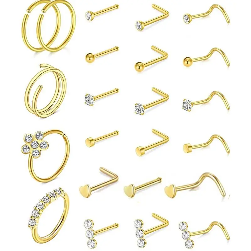 23PCS/SET Surgical Steel Nose Studs for Women Men L Shaped Nose Rings Studs CZ Heart Star Moon Cross Nose Piercing Jewelry