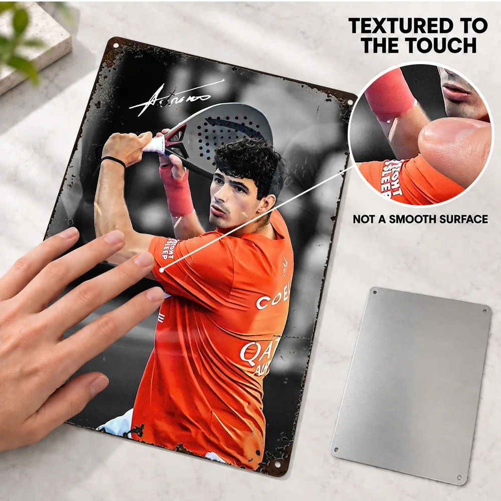 Arturo Coello Padel Player Action Shot Aluminum Poster Personalized Metal Sign Selective Color Photography Wall Art For Bedroom