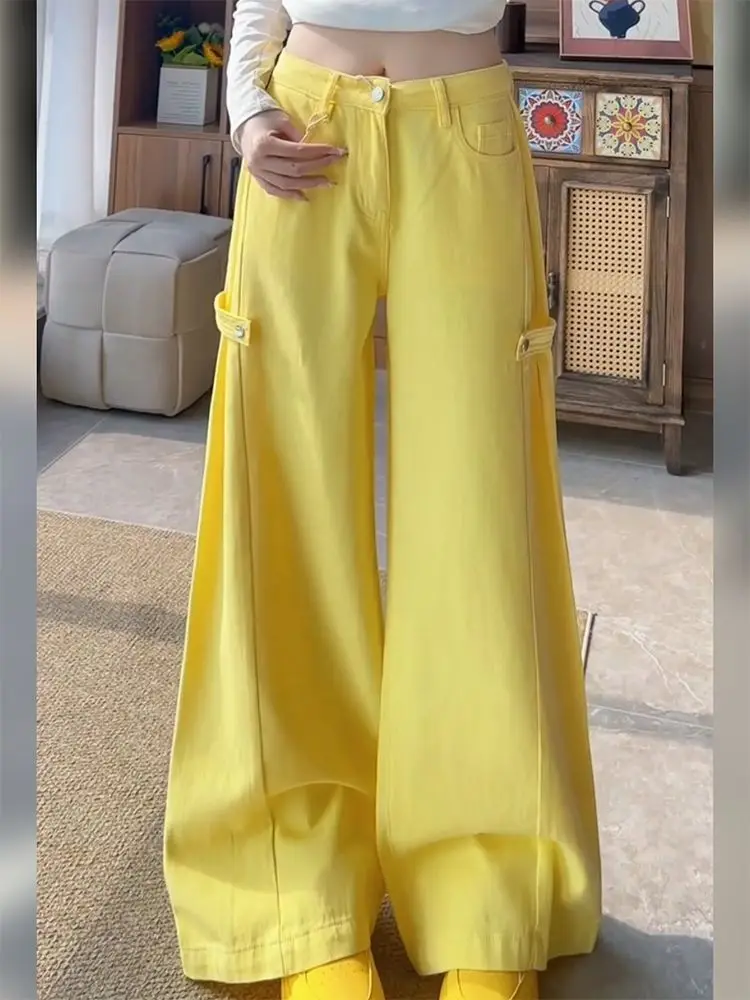 Stylish Chic Women Denim Pants Side Buckle Design Summer Loose High-waisted Alternative Fashion Korean Streetwear Y2k Retro