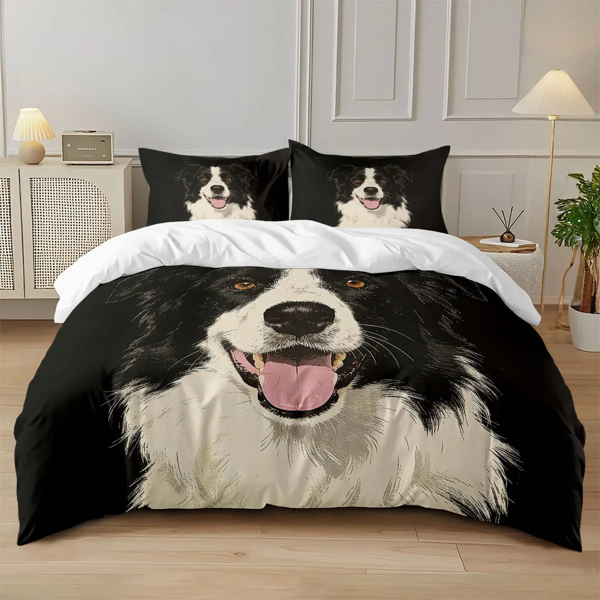3pcs Border Collie Cute Dog Printed Chipless Quilt Set Multi Size Bedding Decoration, Machine Washable