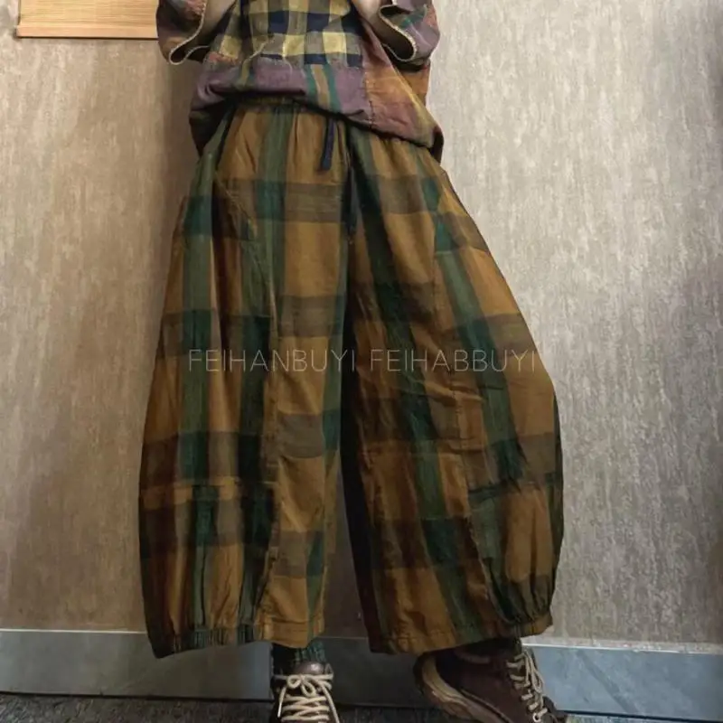 

New Arrival 2026 Spring Summer Arts Style Women Elastic Waist Wide Leg Pants All-matched Casual Plaid Loose Calf-length Pants