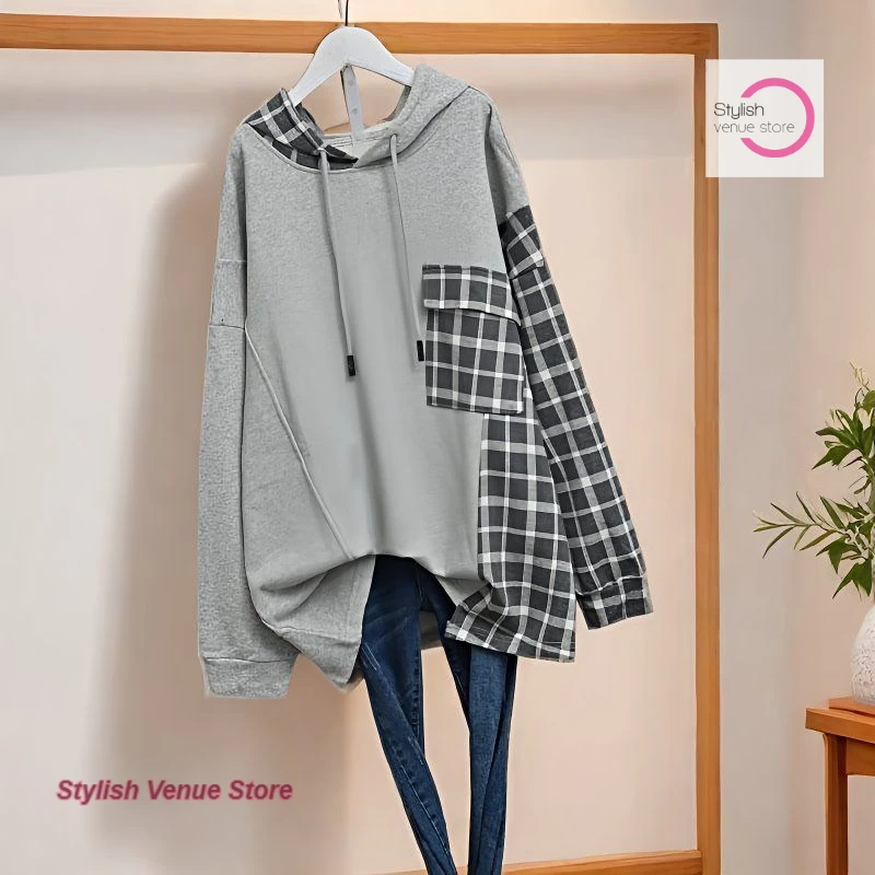 Korean style thin stitching plaid sweater women's spring and autumn new fashion plus size loose stitching plaid hooded top