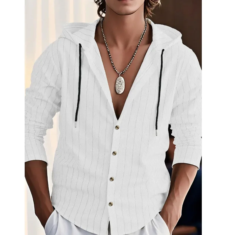 Drawstring Linen Cardigan Trendy Loose Beach T-shirt Men's Vertical Striped Casual Long-sleeved Shirt Hooded