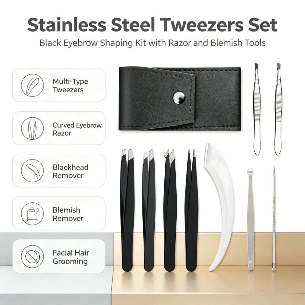 10Pcs Black Eyebrow Shaping Tool Set,Stainless Steel Multi‑Type Tweezers,Curved Eyebrow Razor,Blackhead & Blemish Remover Tools