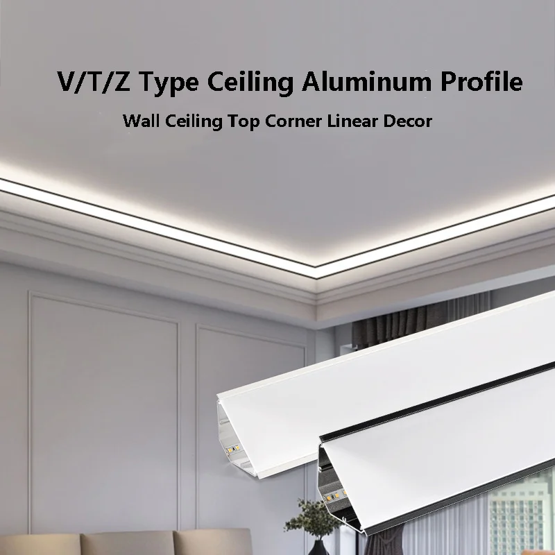 V/T/Z Type Ceiling Aluminum Profile Channel Wall Ceiling Top Corner Linear Hard Strip Lamp Recessed Hidden Backlight Gypsum Lamp