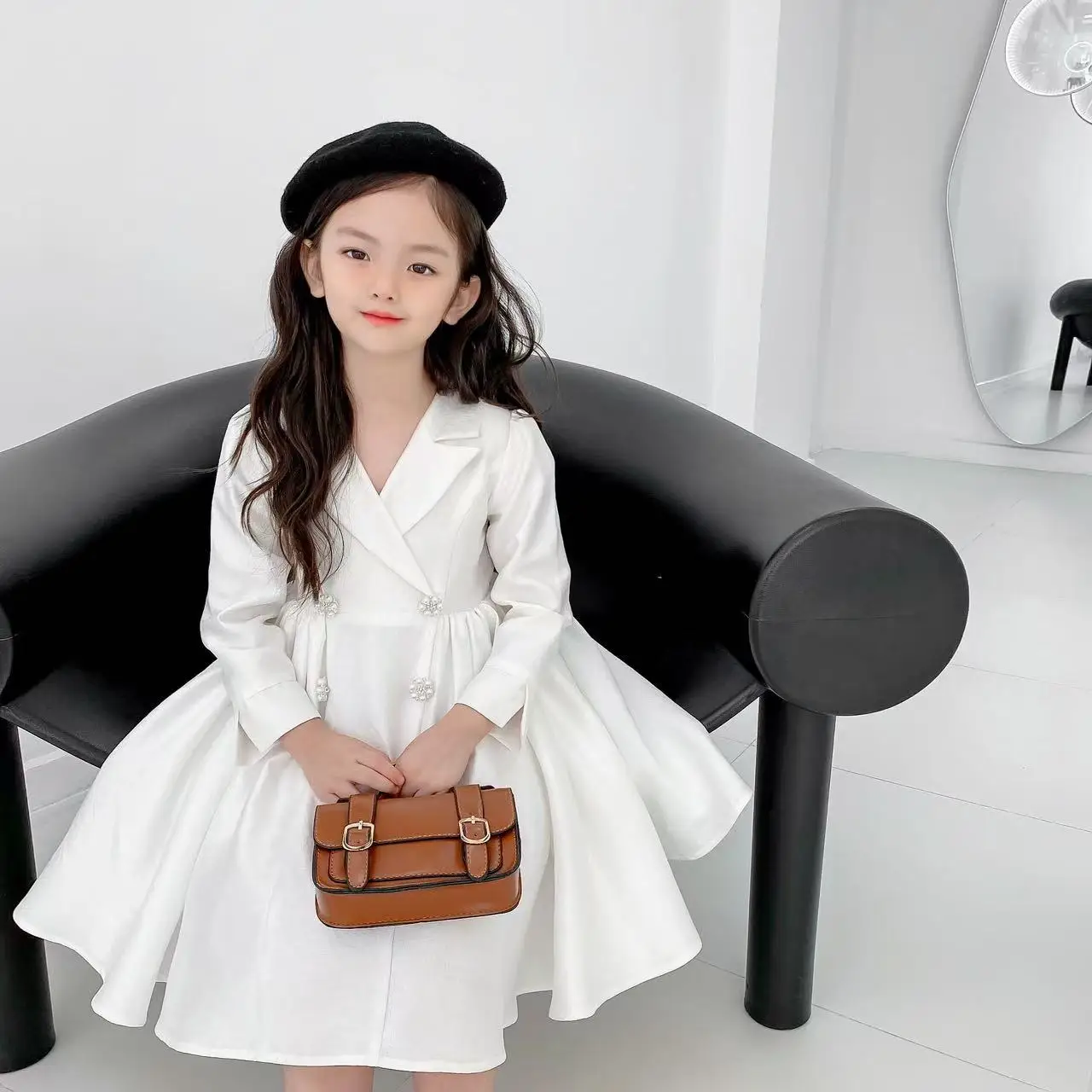 

Baby Girl Princess Pearl Button Dress Child Elegant White Vestido Long Sleeve Infant Toddler Wedding Party Baby Clothes 3-12Y
