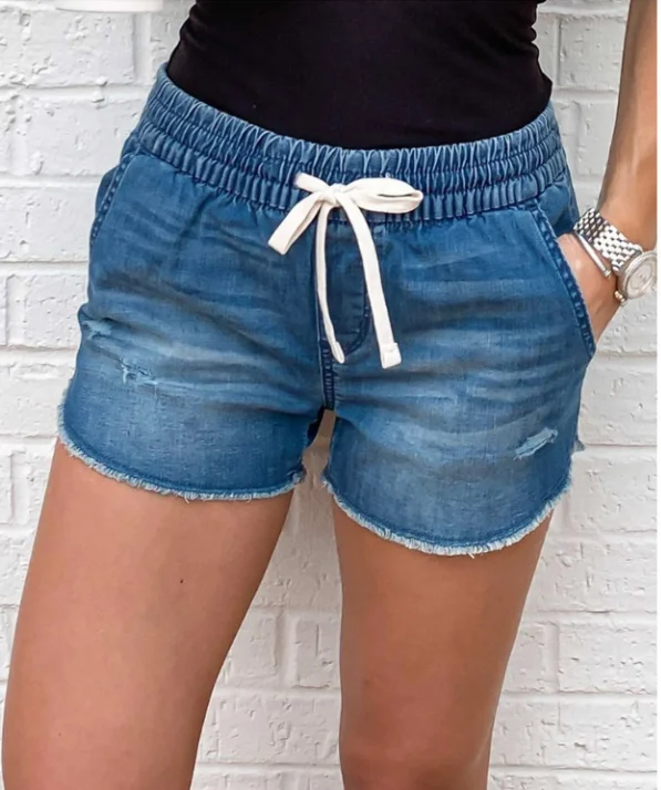 Pantalones vaqueros cortos rasgados para mujer, Shorts de cintura media con cordones, informales, con cintura elástica, Estilo Vintage, 2023