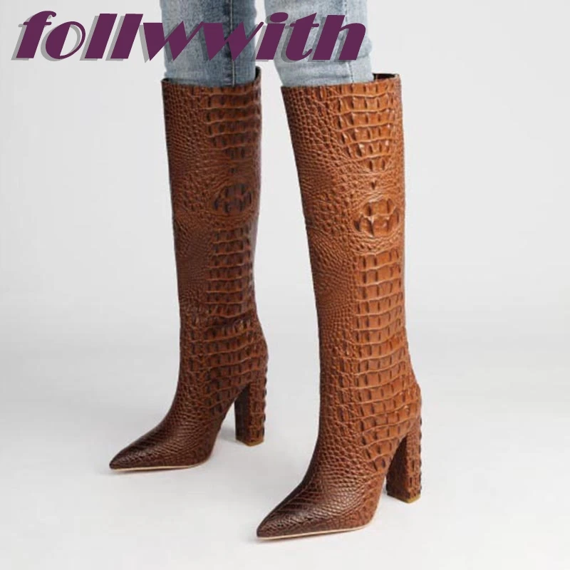 Alligator Pattern Leather Winter  Women Boots Unique Concise Square Heel Knee High Retro Solid 2024 Fashion Modern Newest  Shoes