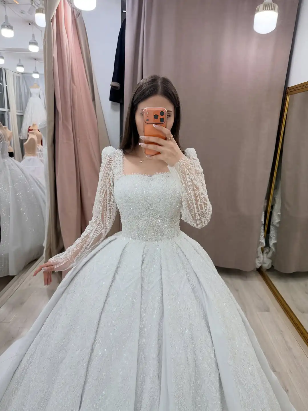Elegant Glitter  Princess Wedding Dress Long Sleeve Ball Gown Luxury Sparkly Lace Bridal Dress For womanVestido De Novia
