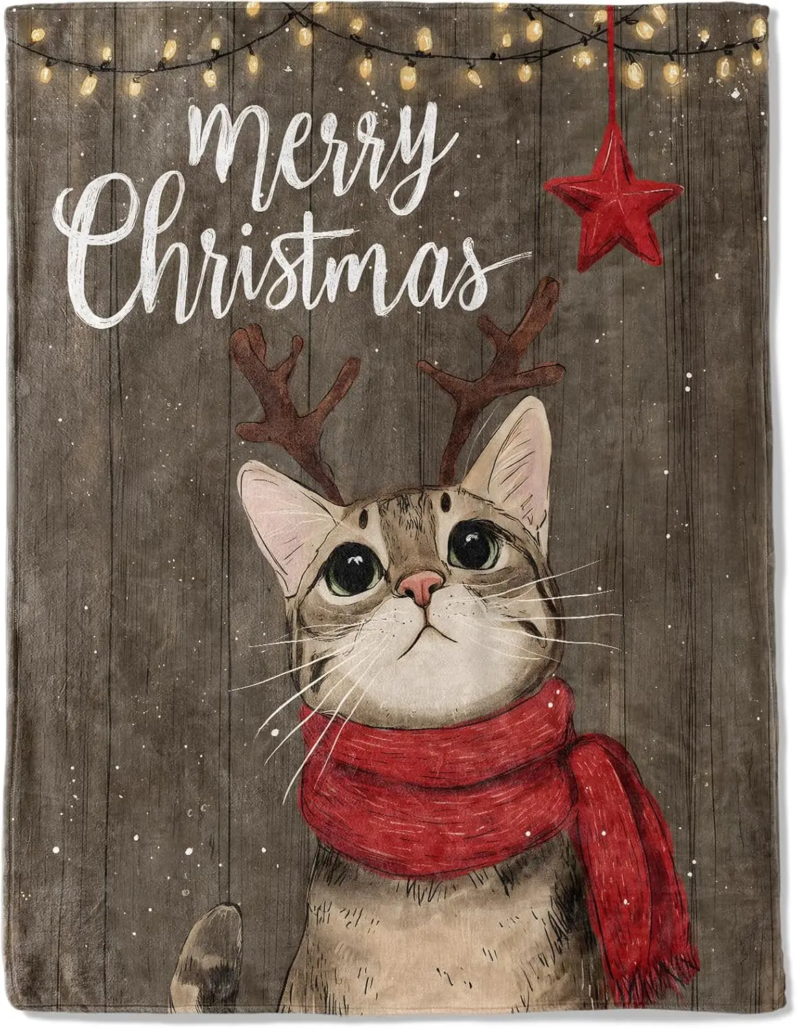 Christmas Decorative Throw Blanket Cute Cat with Antler and Red Scarf Print Decoration, Soft Flannel Winter Blankets