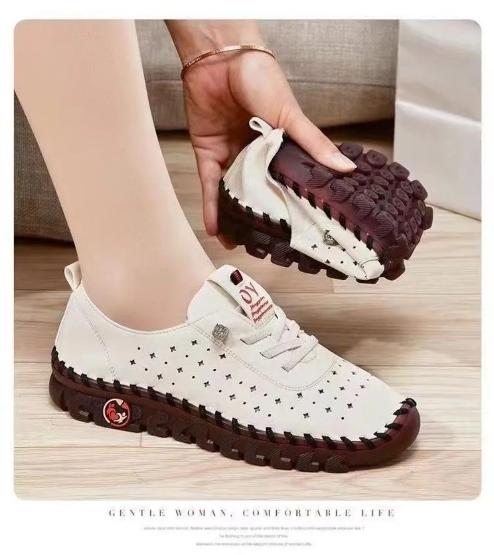 Weiche perforierte Leder-Loafer für Damen, atmungsaktive, ausgeschnittene Gummisohle, rutschfeste Fußgewölbestütze, leichte flache Schuhe für den Außenbereich – Detail 2