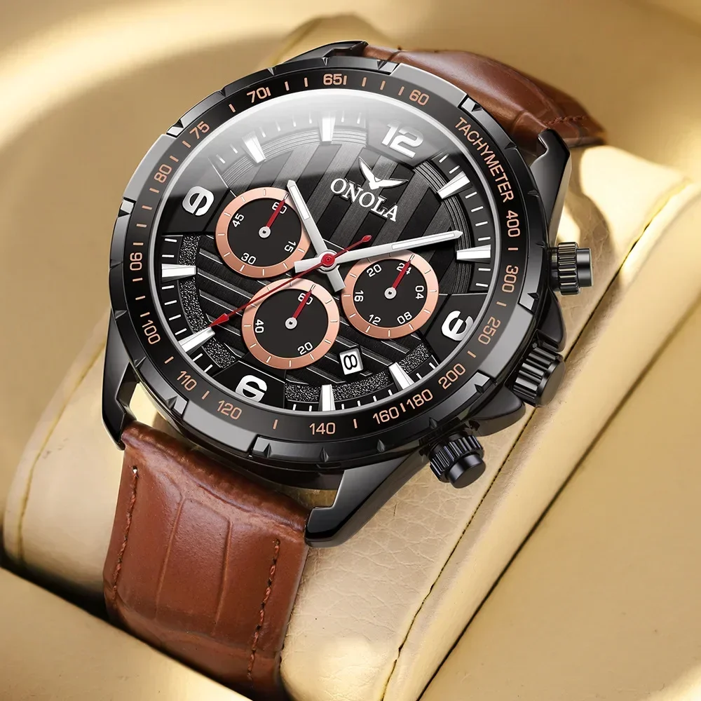 

ONOLA 6860 Fashion Men Watch Multi functional Chronograph Waterproof Luminous Calendar Leather Strap watche for man reloj hombre
