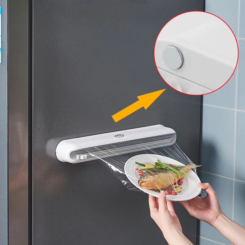2026 hot Plastic film cutter suction cup wall-mounted plastic film cutting box kitchen divider adjustable storage cutter