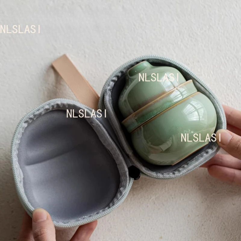 Portable Gourd Travel Tea Set 1 Pot, 2 Cups Chinese Kiln Transformation Hand Held Teapot Quick Tea Cup Tea Tasting Cup