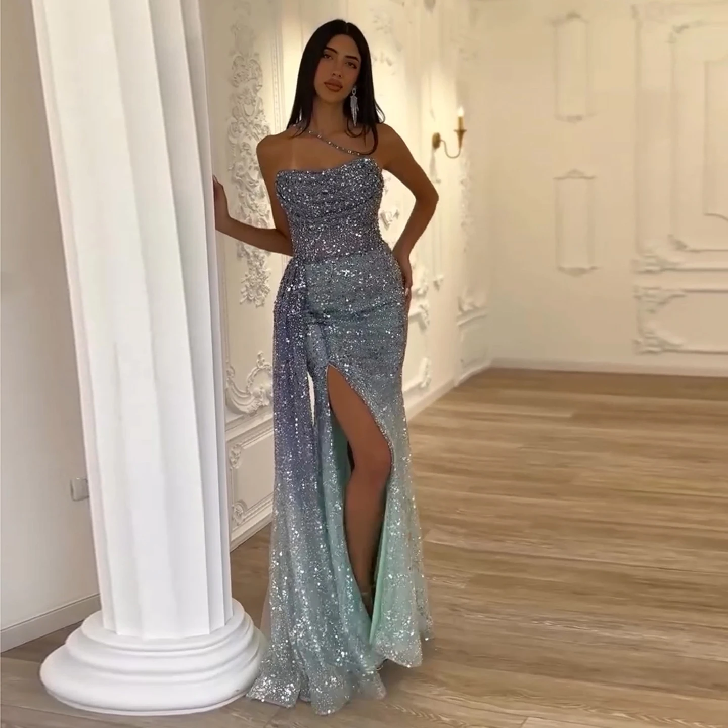 

Шарон Саид Роскошные вечерние платья синего цвета с эффектом омбре и верхней юбкой с разрезом Sage Green Длинные свадебные платья SS710 по индивидуальному заказу