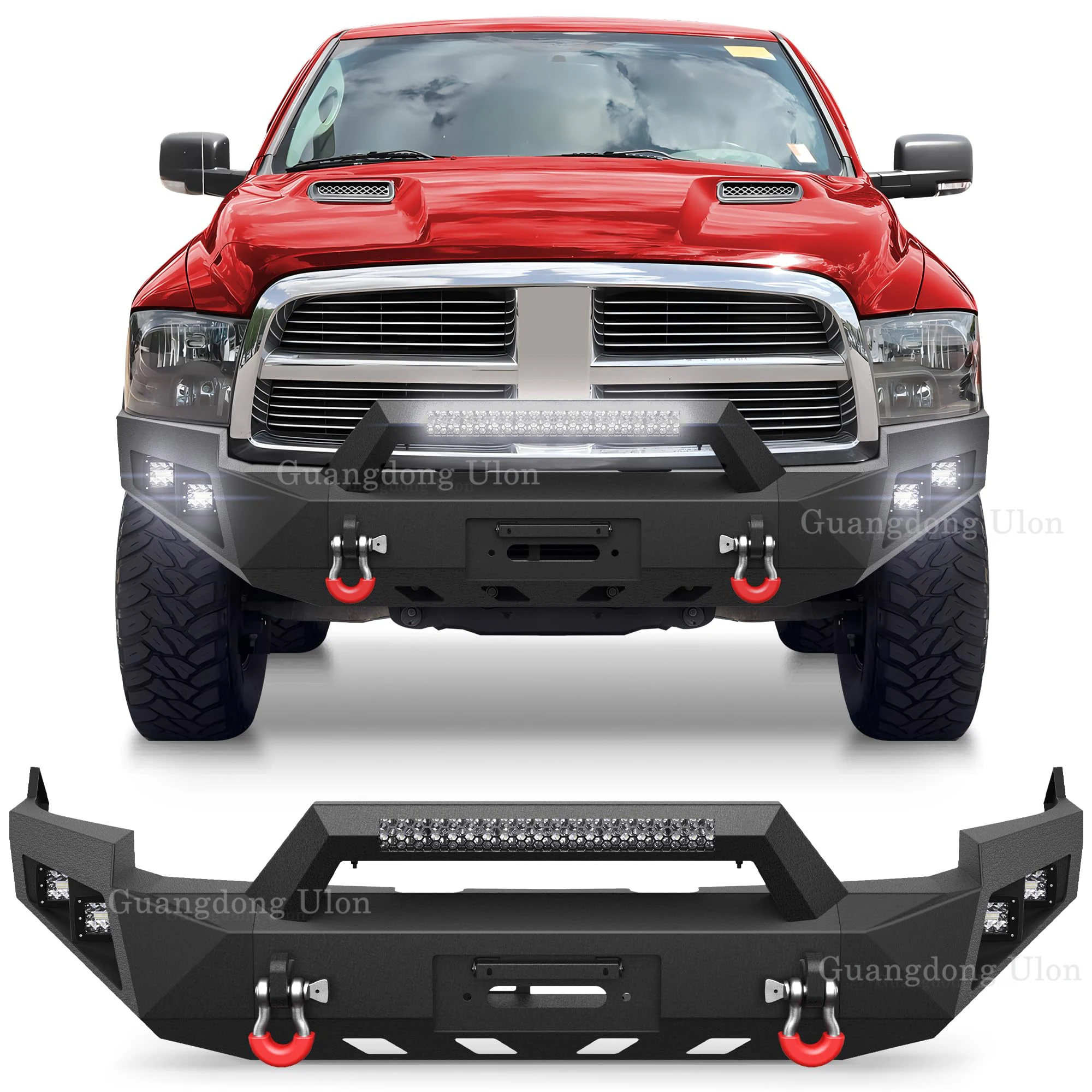 2009 2012 Dodge Ram 1500 pickup truck front bumper with winch plate, D-ring and 144W Light Emitting Diode strip