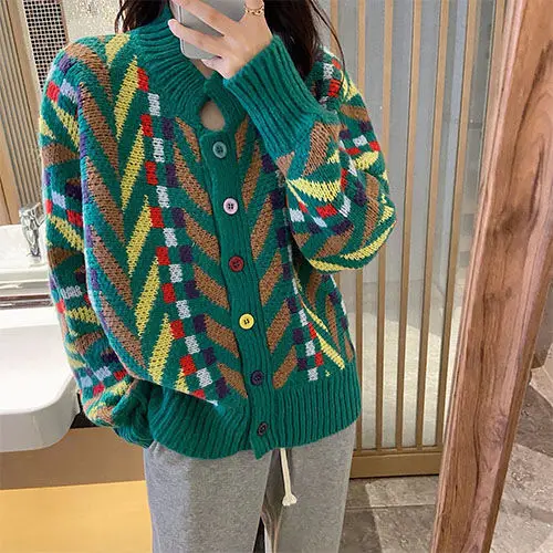 Christmas Sweater Rhombus Single-Breasted Hollow Design Retro Japanese Lazy Style Green Sweater Cardigan Coat Loose For Women