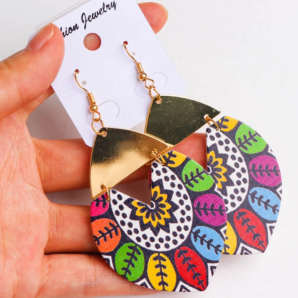 20Pairs/Lot Tie Dye Colorful Abstract Women\'s Wooden Earrings Bohemian Retro Hollow Hanging Earrings Daily Holiday Jewelry
