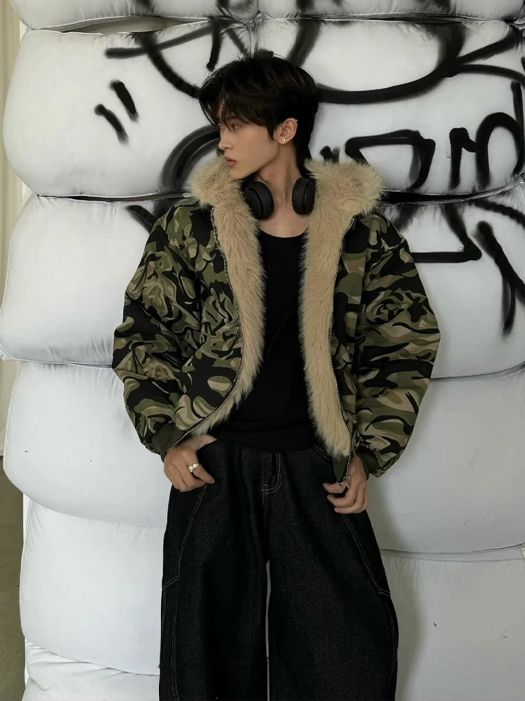 

Retro American Camouflage Jaet Men's Winter Thiened Fce Lined Hooded Coat Fur Collar High Quali Cotton Casual Sle